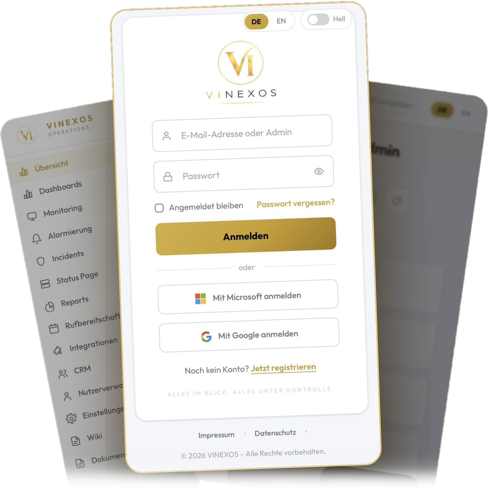 VINEXOS Plattform – Login und Dashboard Vorschau